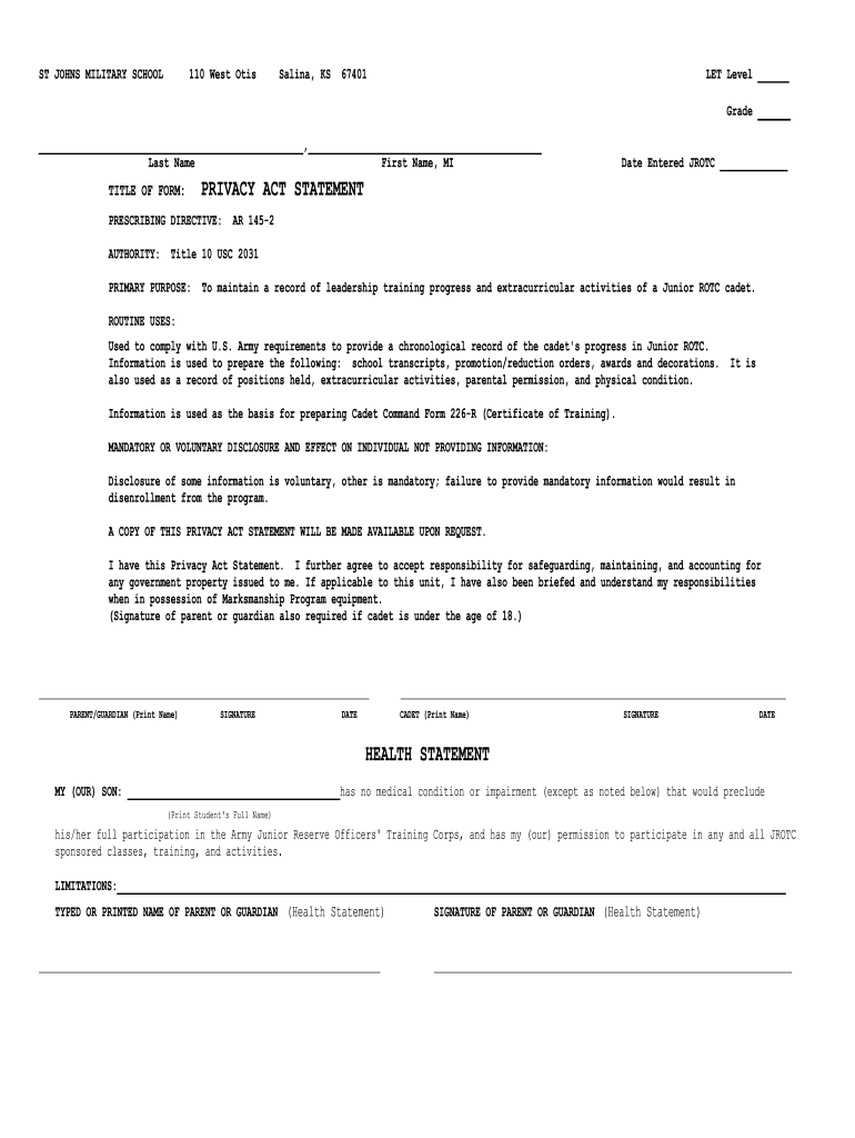 Jrotc Ar 145 2 Privacy Act Statement Fill Online Printable Fillable 