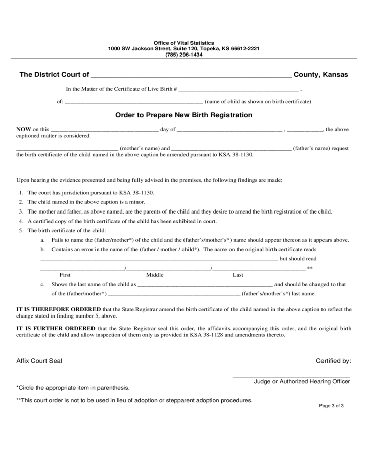 Kansas Paternity Consent Form For Birth Registration Free Download