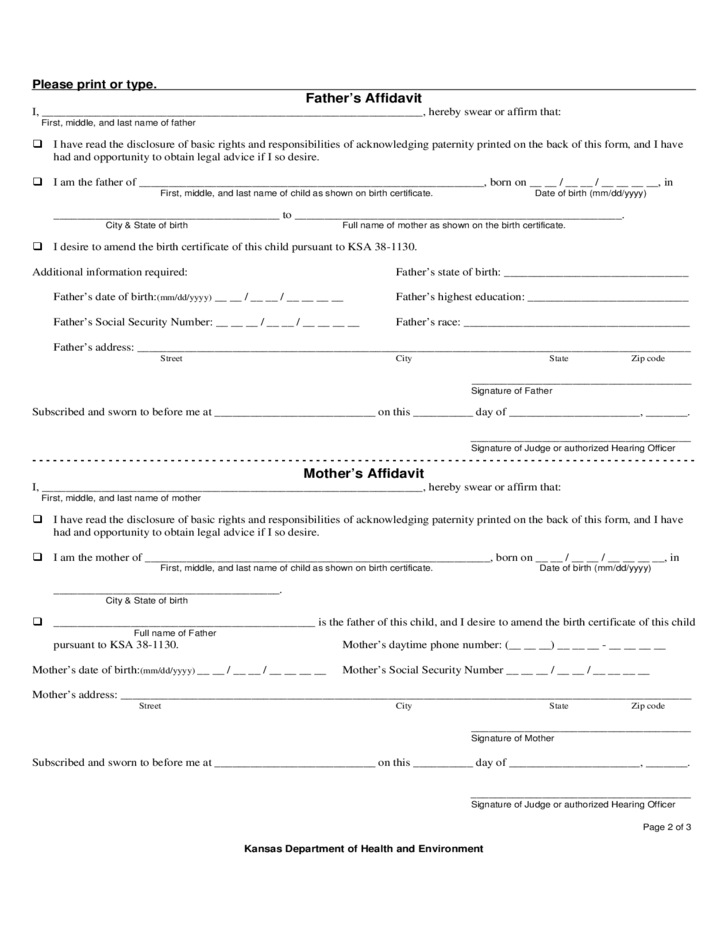 Kansas Paternity Consent Form For Birth Registration Free Download