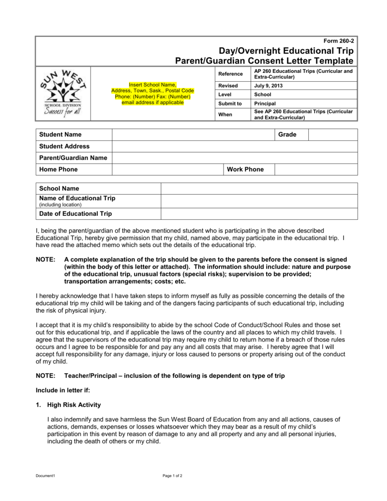 Letter Of Authorisation To Travel From The Parent Or Guardian Certify