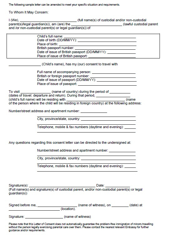 Letter of Consent for Minors travelling to UK Apr08 11 Printable Samples