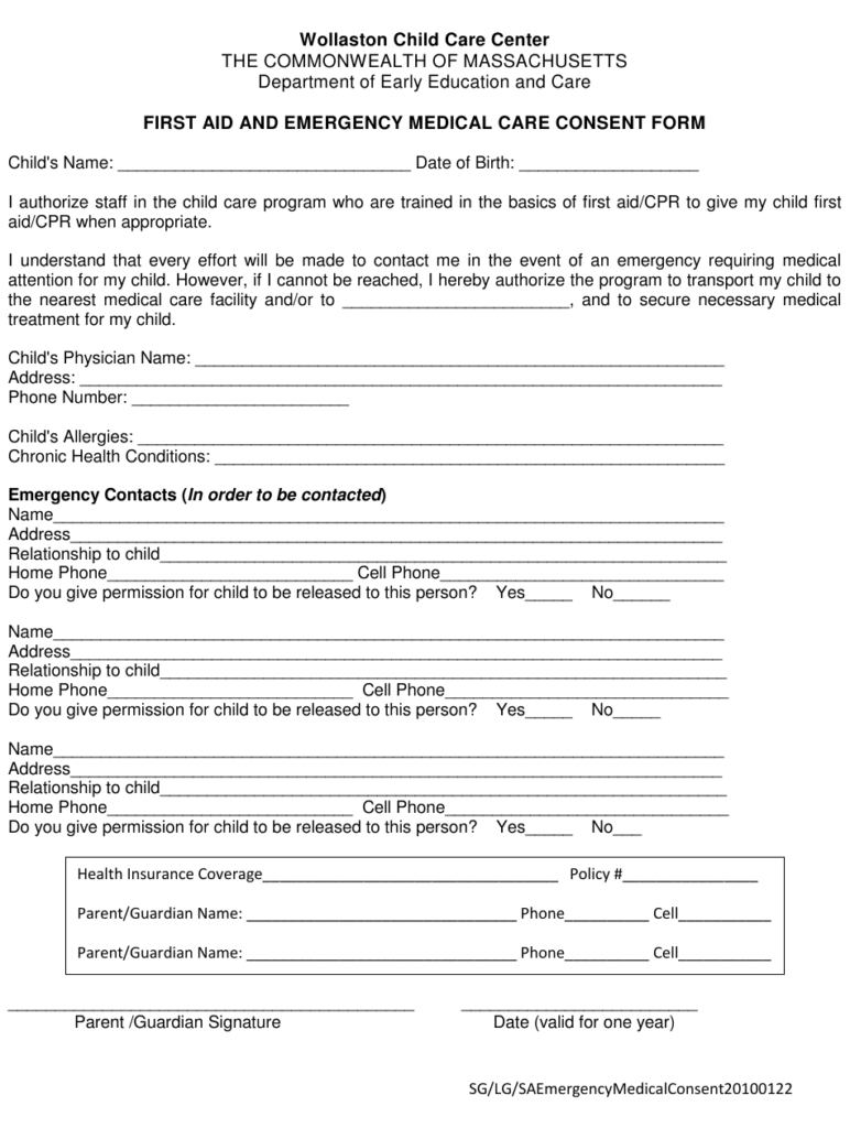 Massachusetts First Aid And Emergency Medical Care Consent Form 