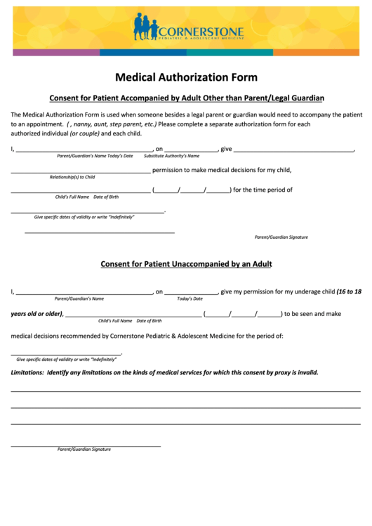 Medical Authorization Form Consent For Patient Unaccompanied By An 