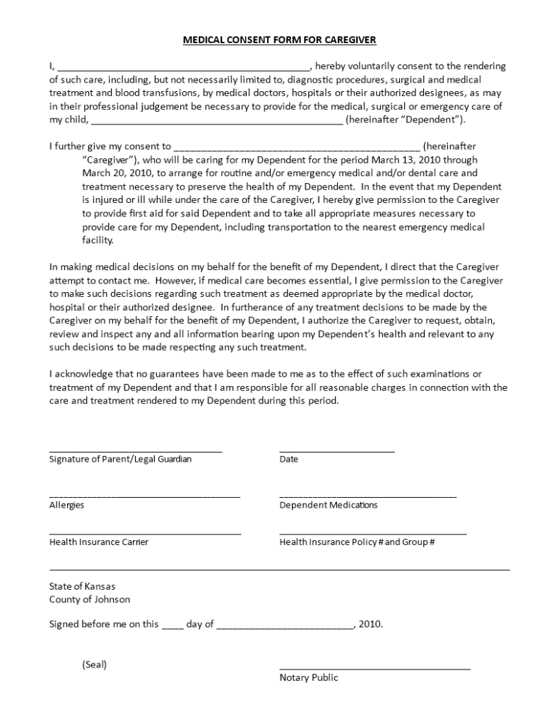 Medical Consent Form For Caregiver Templates At Allbusinesstemplates