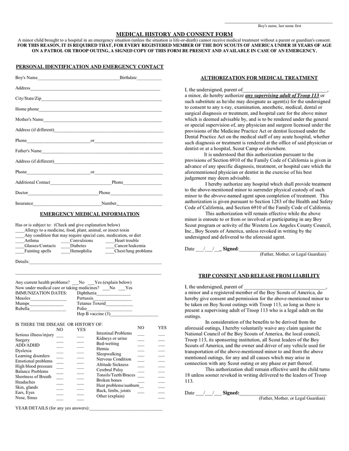 Medical History And Consent Form In Word And Pdf Formats