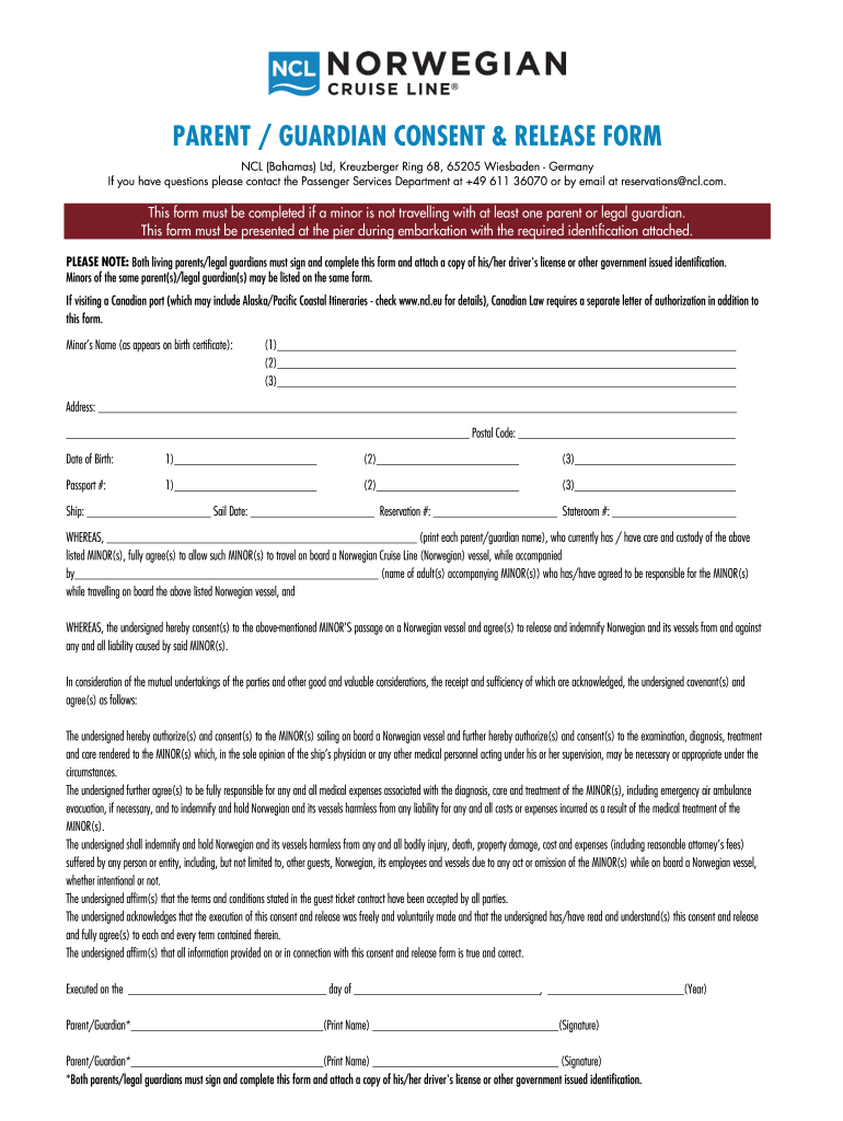 Norwegian Parent Guardian Consent Release Form Fill Online Printable 