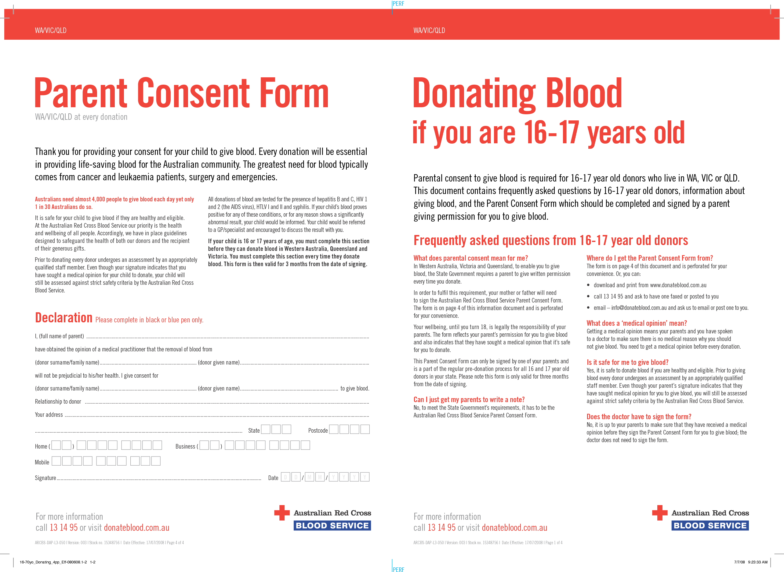 Parent Consent Form For Blood Donation In Australia For Red Cross