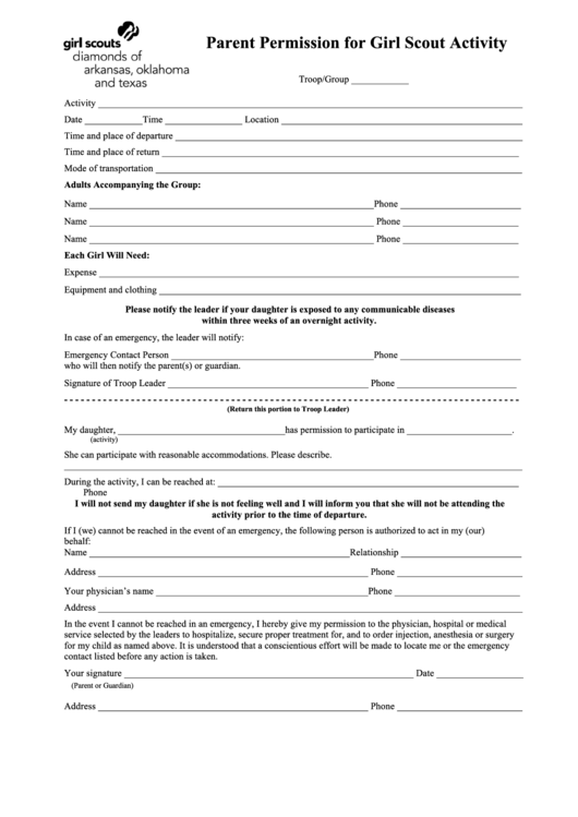 Parent Permission For Girl Scout Activity Form Printable Pdf Download