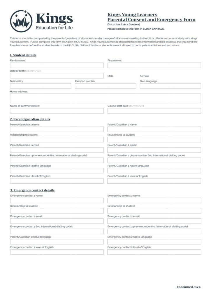 Parental Consent Emergency Contact Form Vacation Extra Centres 2020 