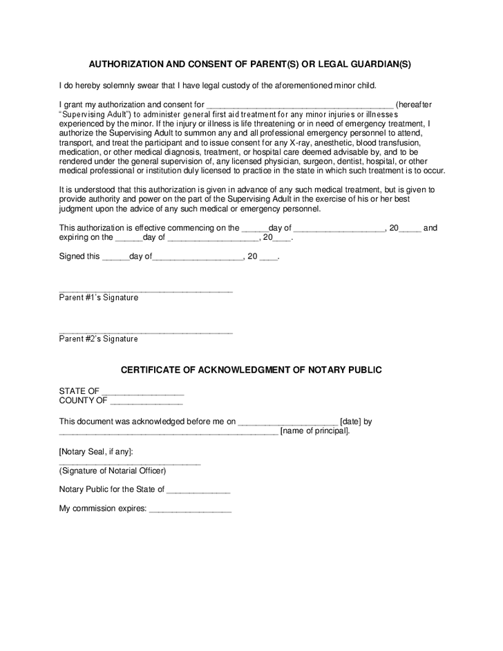 Parental Consent For Medical Treatment Free Printable Documents