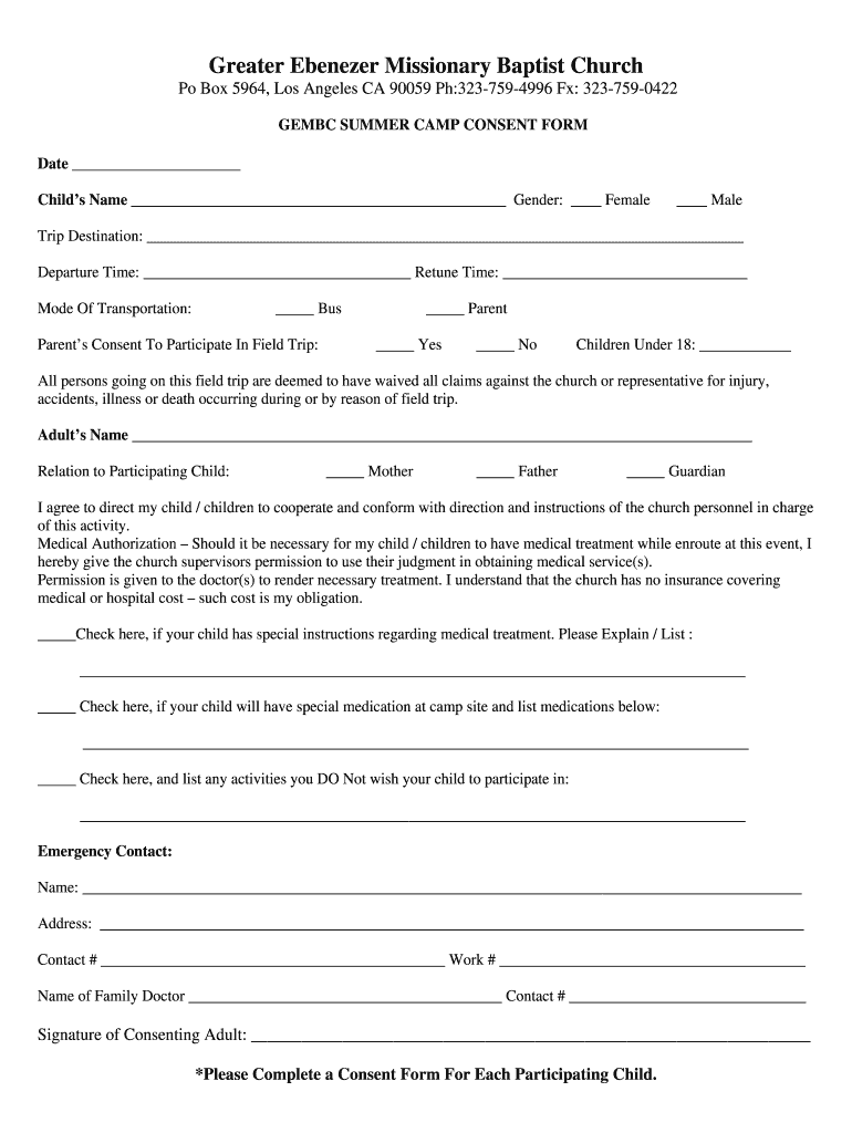 Parental Consent Form For Youth Camp Fill Online Printable Fillable