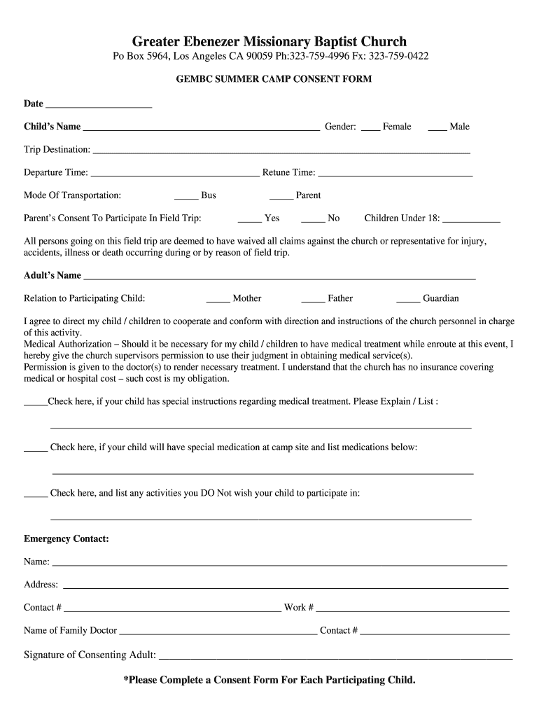 Parental Consent Form For Youth Camp Fill Out And Sign Printable PDF 