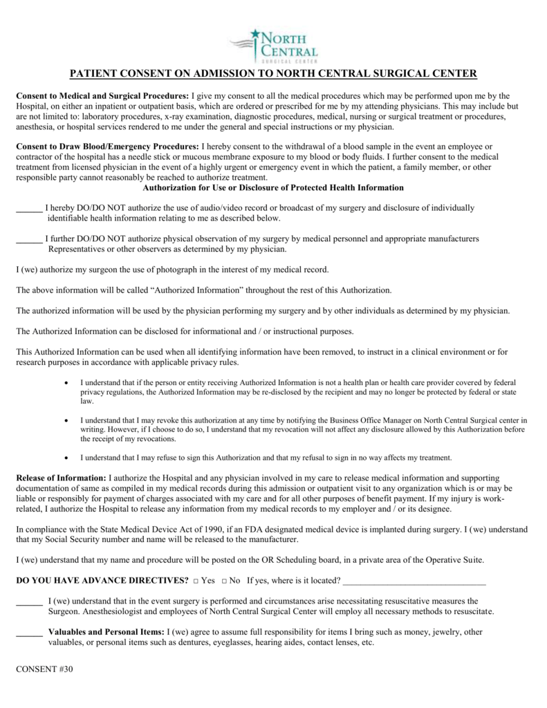 Patient Consent On Admission North Central Surgical Center