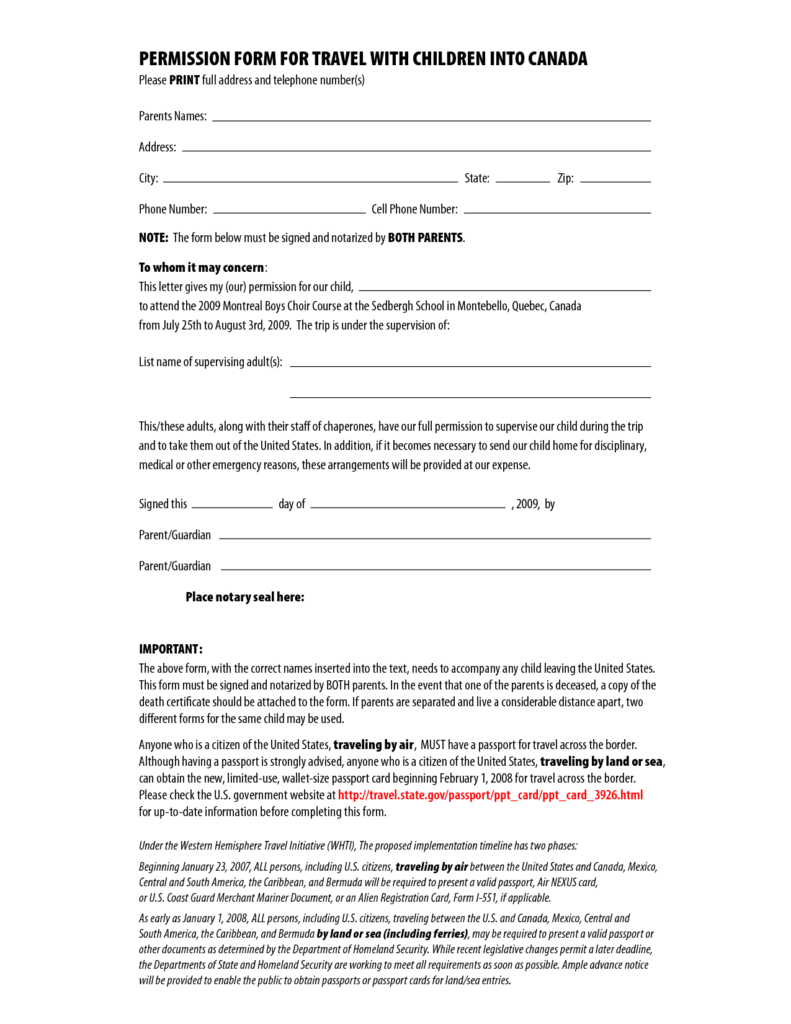 PERMISSION FORM FOR TRAVEL WITH CHILDREN INTO CANADA By Csgirla 