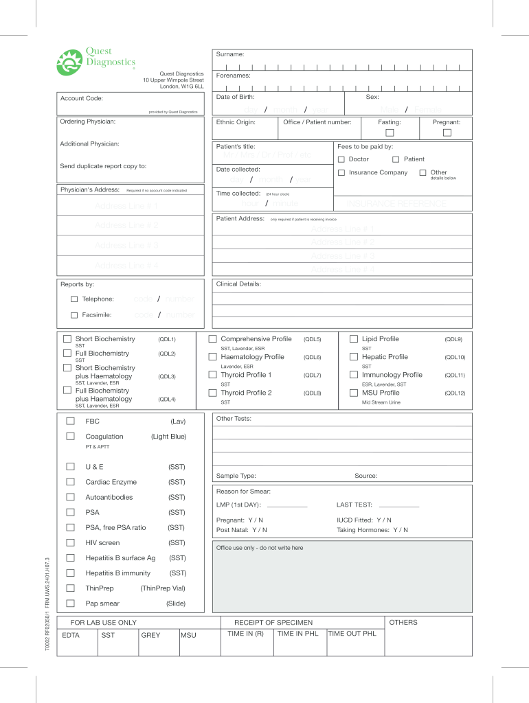 Quest Diagnostics Physician Results Form SRETU