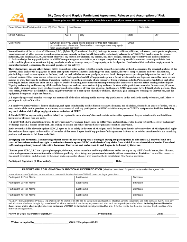 Sky Zone Grand Rapids Participant Agreement Release And Assumption Of 