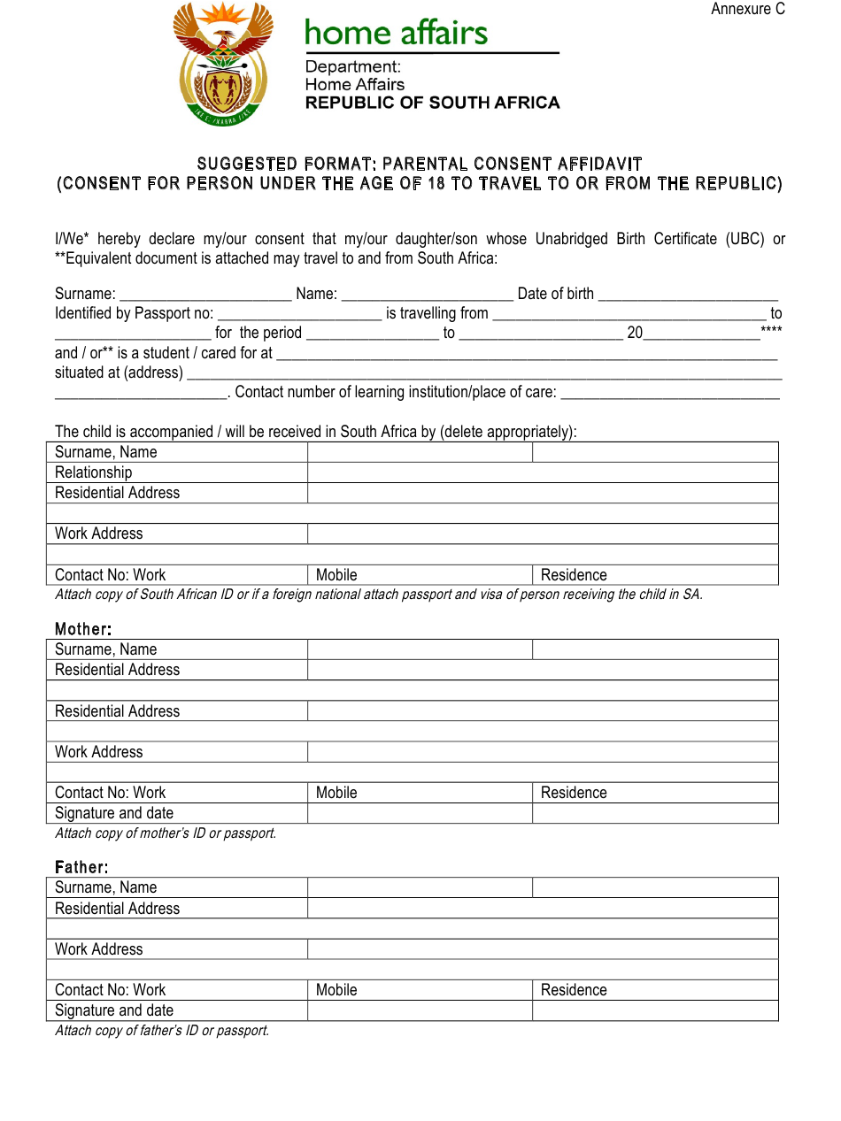 South Africa Parental Consent Affidavit Form Download Printable PDF