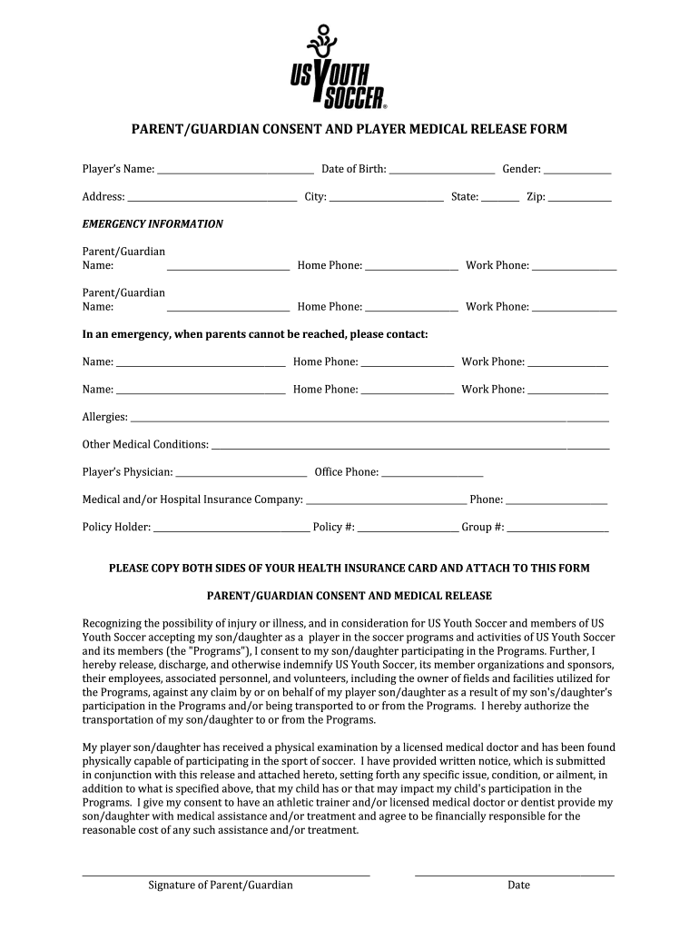 US Youth Soccer Parent Guardian Consent And Player Medical Release Form 