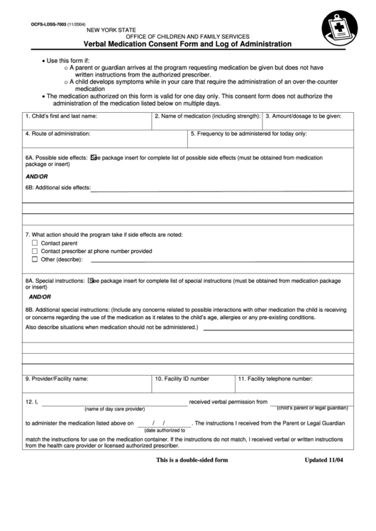 Verbal Medication Consent Form And Log Of Administration New York 