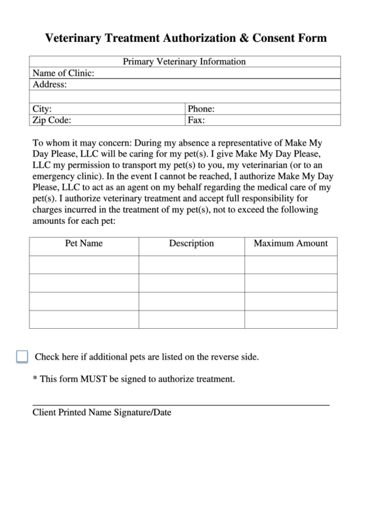 Veterinary Treatment Authorization Consent Form Printable Pdf Download