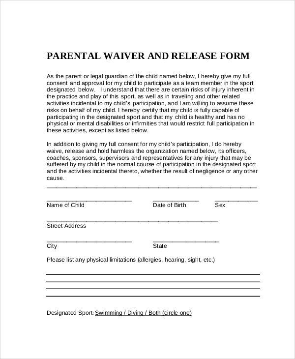 Waiver Form Template For Sports Sample Parental Release Form 10
