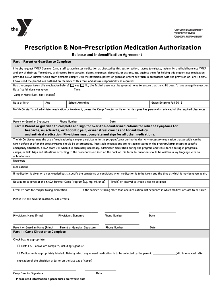 YMCA Prescription Non Prescription Medication Authorization Fill 