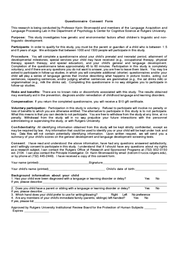 2021 Questionnaire Consent Form Fillable Printable PDF Forms 