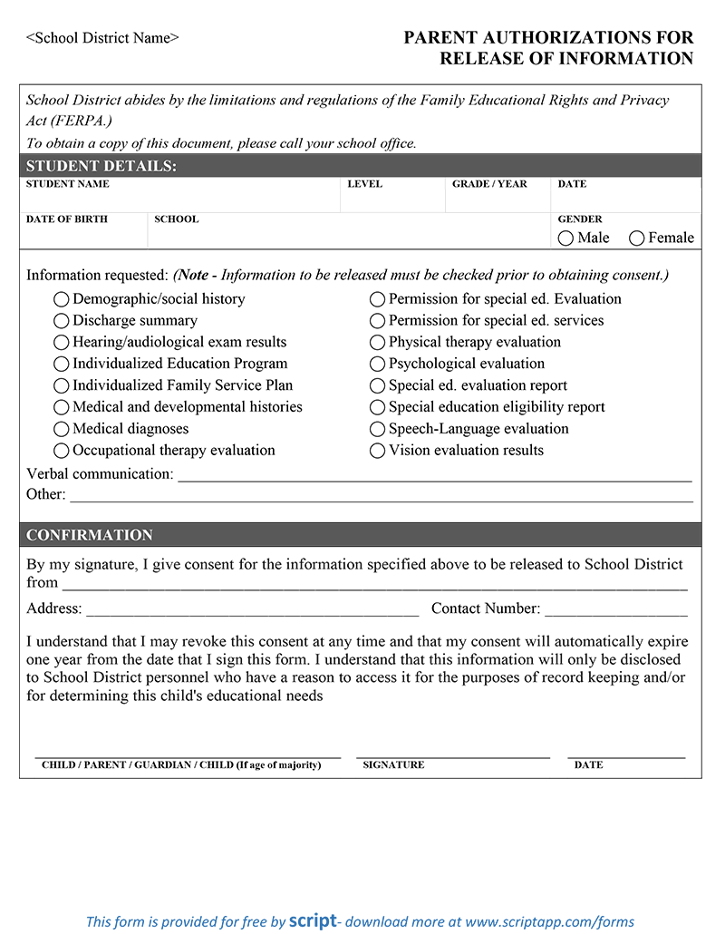 504 Parental Authorization For Release Of Information Script