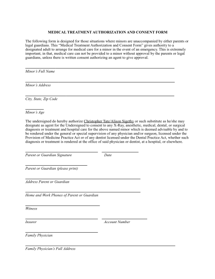 9 Medical Treatment Authorization And Consent Forms For Adults Free 