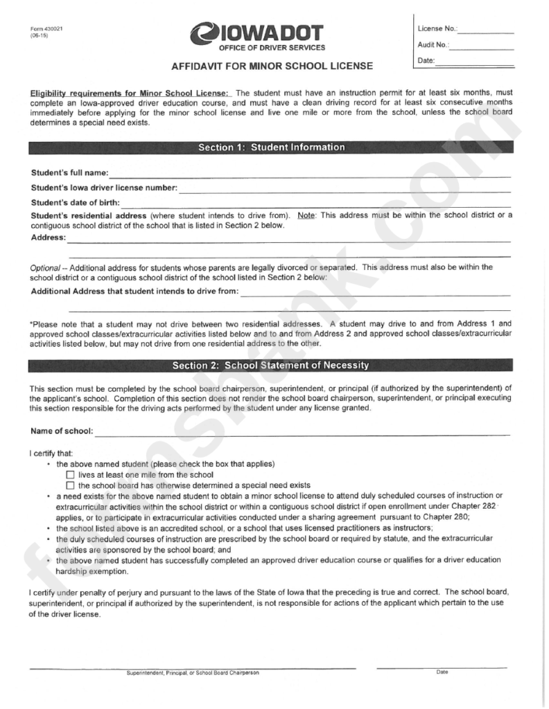 Affidavit For Minor School License Iowa Dot Printable Pdf Download