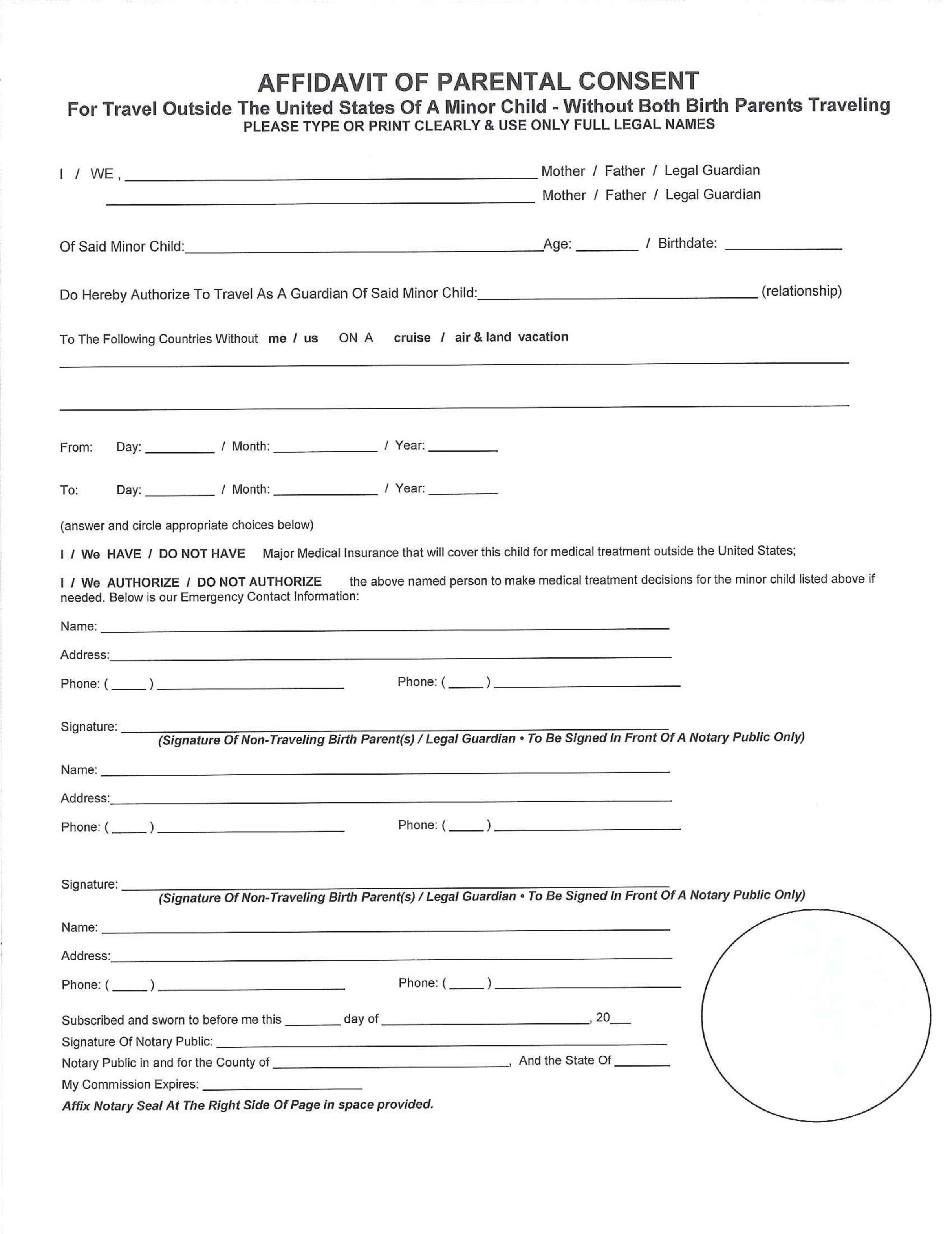 Affidavit For Parental Consent Form Free Download