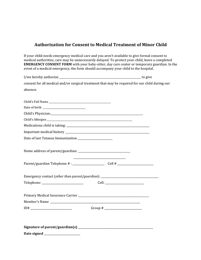 Authorization For Consent To Medical Treatment Of Minor Child In Word 