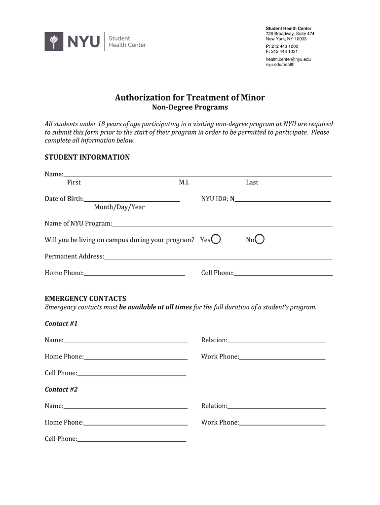 Authorization For Treatment Of A Minor NYU Fill Out And Sign 