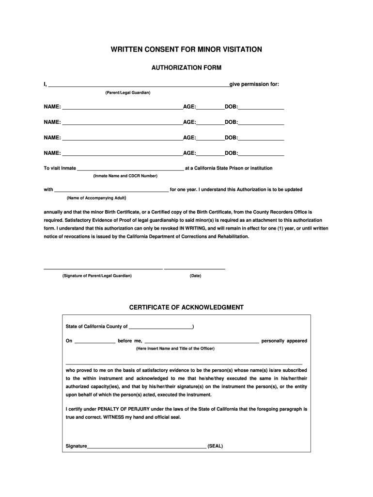 CA Written Consent For Minor Visitation Fill And Sign Printable 