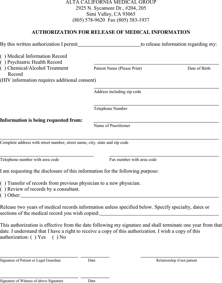 California Authorization For Release Of Medical Information Download 