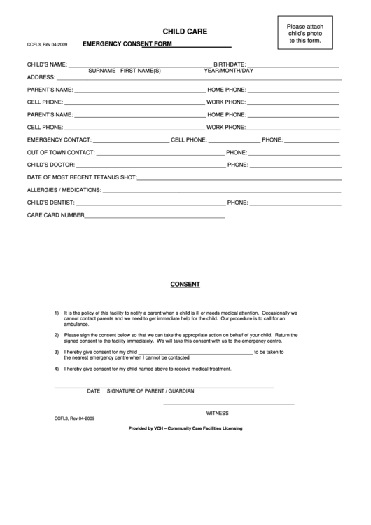 Child Care Emergency Consent Form Printable Pdf Download