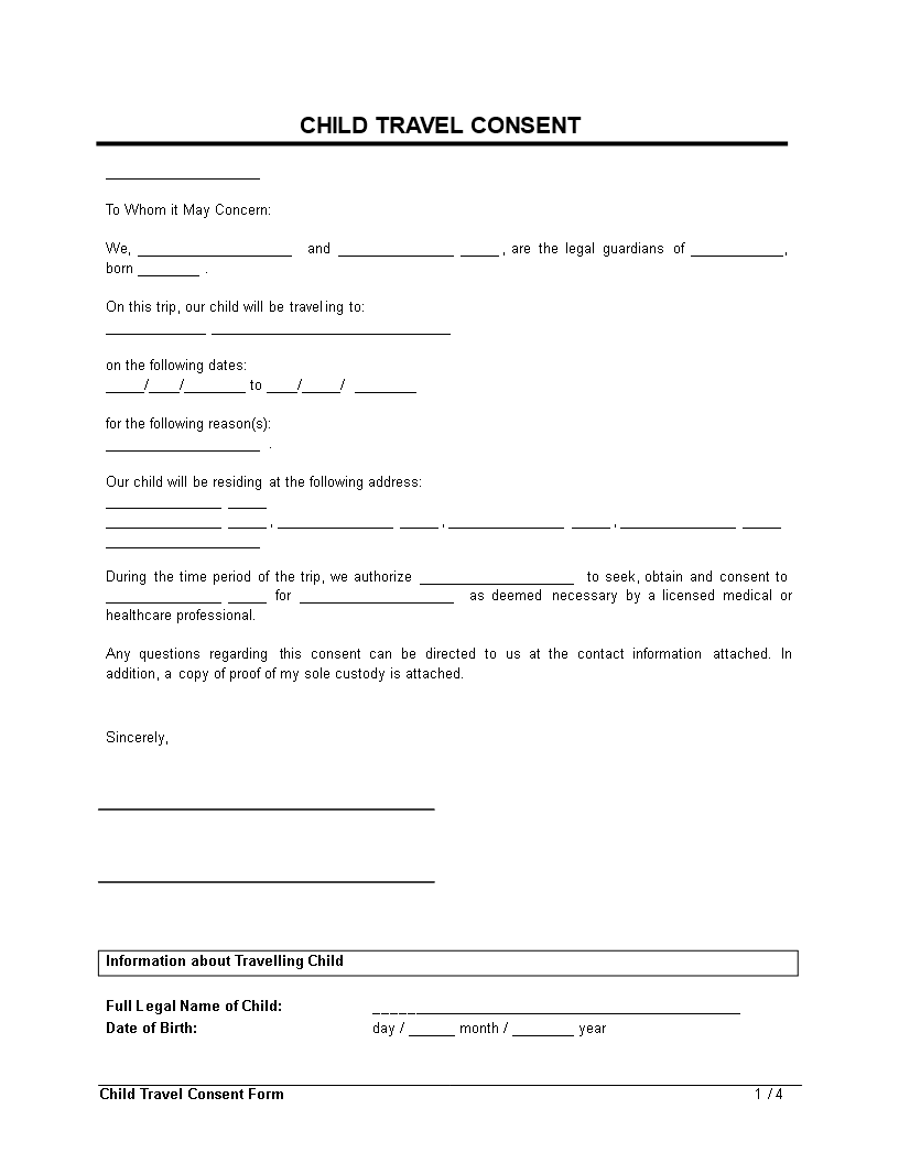 Child Travel Consent Form Clean Templates At Allbusinesstemplates