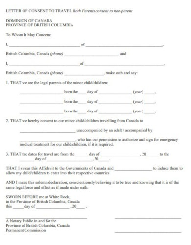 Child Travel Consent Form Into Canada Tourismstyle co