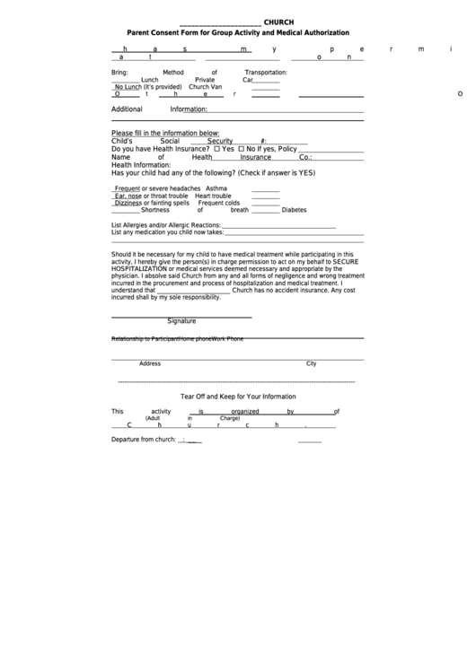 Church Parent Consent Form For Group Activity And Medical Authorization 