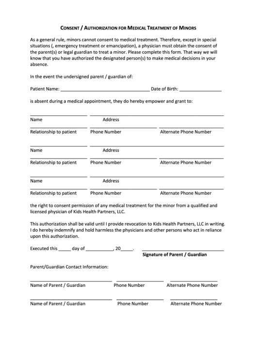 Consent Authorization For Medical Treatment Of Minors Printable Pdf 