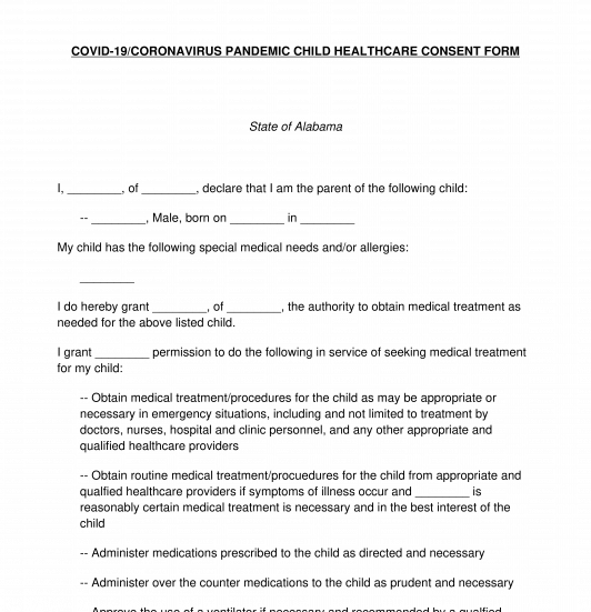COVID 19 Coronavirus Child Healthcare Consent Form