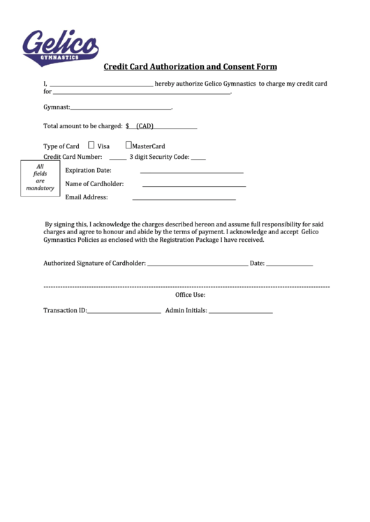 Credit Card Authorization And Consent Form Printable Pdf Download