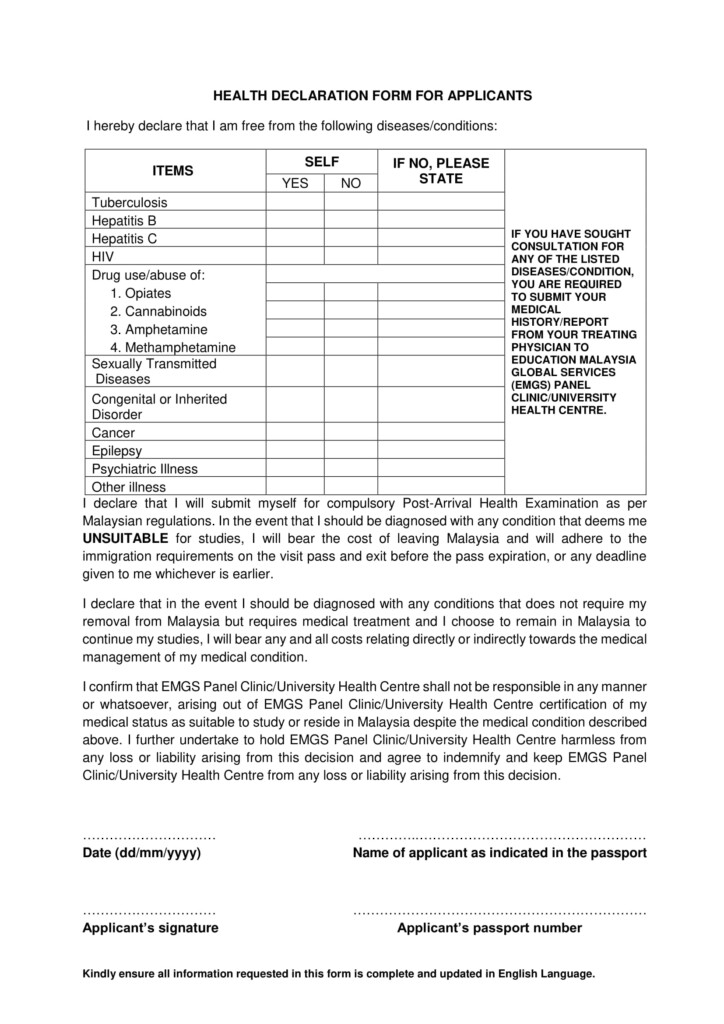 Example Of Health Declaration Form Certify Letter