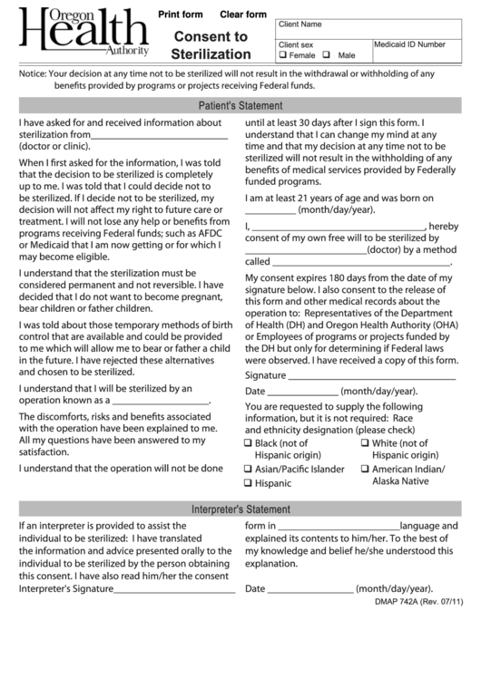 Fillable Form Dmap 742a Consent To Sterilization 2011 Printable Pdf