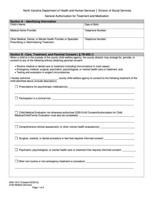 Fillable Form Dss 1812 General Authorization For Treatment And 