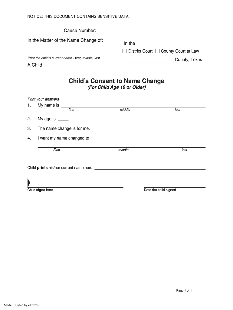 Fillable Online Child s Consent To Name Change Filed By Fill Out And 