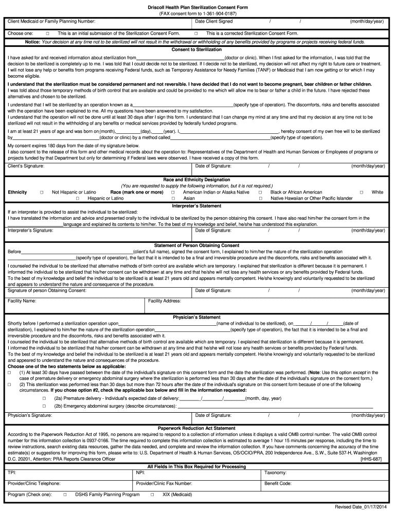 Fillable Online Sterilization Consent Form English Driscoll Health 