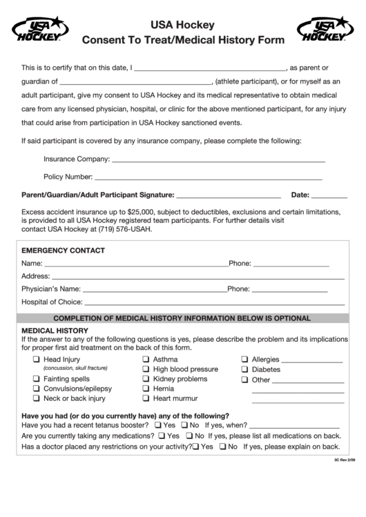 Fillable Usa Hockey Consent To Treat medical History Form Printable Pdf