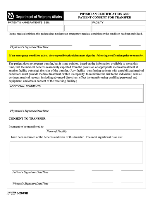 Fillable Va Form 10 2649b Physician Certification And Patient Consent 