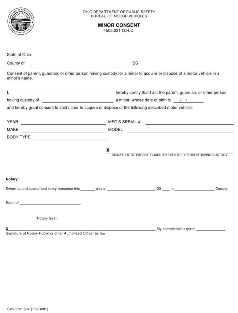 Form BMV3751 Download Printable PDF Or Fill Online Minor Consent Ohio 